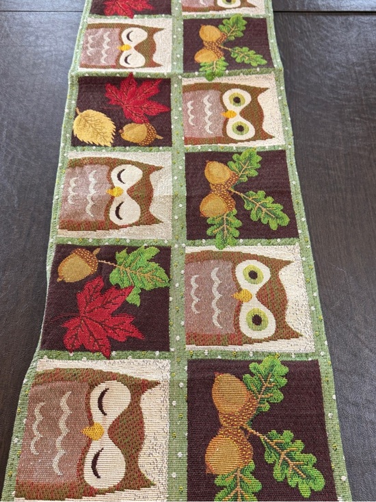 None Other - Fall Autumn Owl & Acorn Tapestry Table Runner - Green, Brown, Red